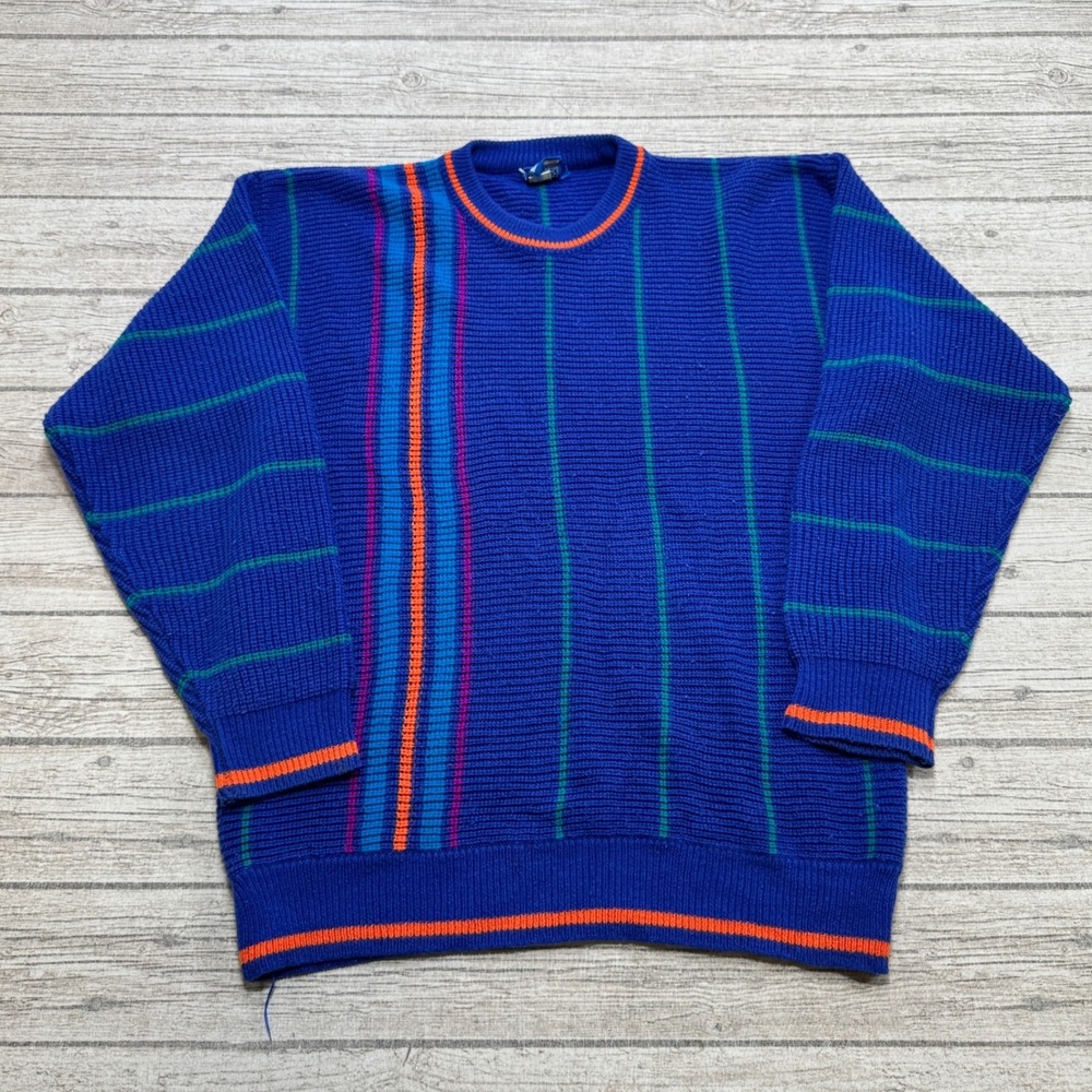 Vintage 80s Ocean Pacific Sweater Mens Large Blue Striped Crewneck Knit Pullover